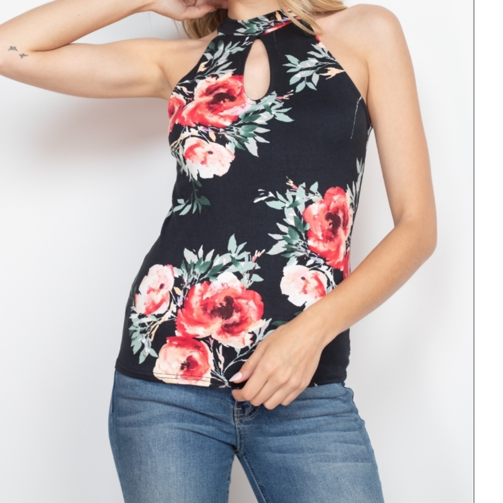 Watercolor Floral High-Neck Keyhole Top
